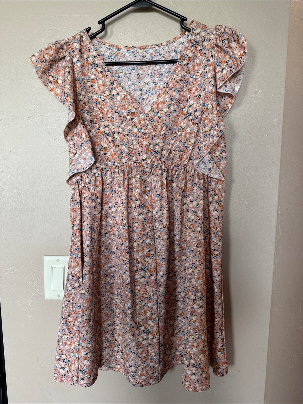 Women's Peach Floral Mini Dress with Ruffle Sleeves